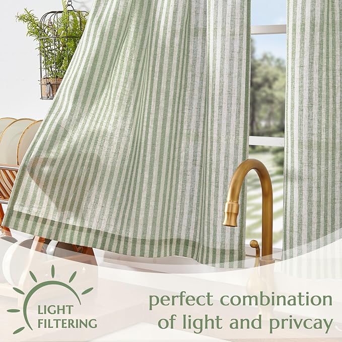 jinchan Striped Linen Kitchen Curtains 30 Inches Length Tier Curtains Farmhouse Modern Cafe Style Small Window Treatments Airy Light Filtering Rod Pocket for Living Room Bathroom 2 Panels Sage Green