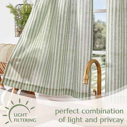 jinchan Striped Linen Kitchen Curtains 30 Inches Length Tier Curtains Farmhouse Modern Cafe Style Small Window Treatments Airy Light Filtering Rod Pocket for Living Room Bathroom 2 Panels Sage Green