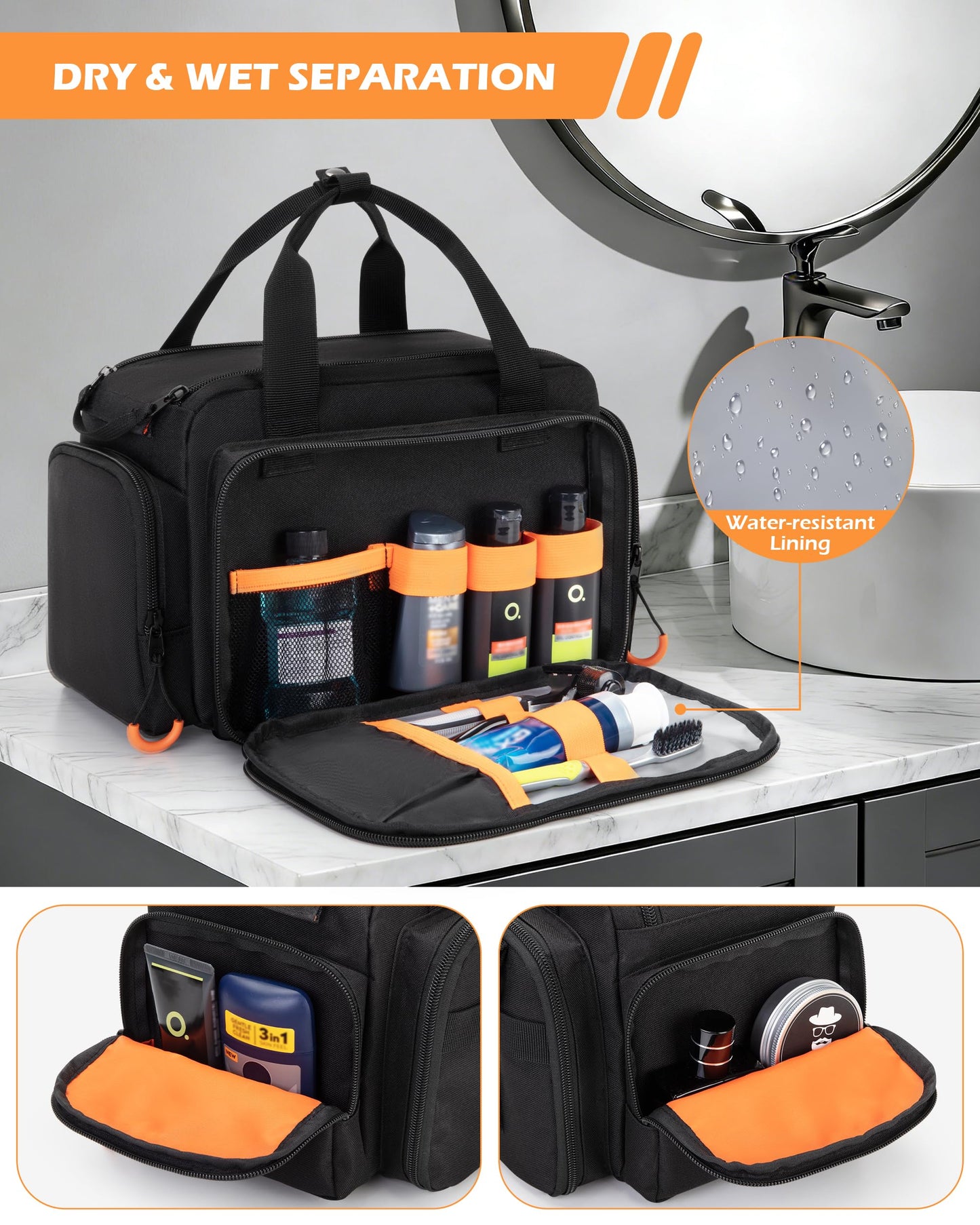 Prokva Tactical Travel Toiletry Bag for Men, Extra Large Dopp Kit Organizer with Dual Way Zippers, Travel Hygiene Bag for Shaving Grooming Bathroom Essentials, Black (Empty Bag)