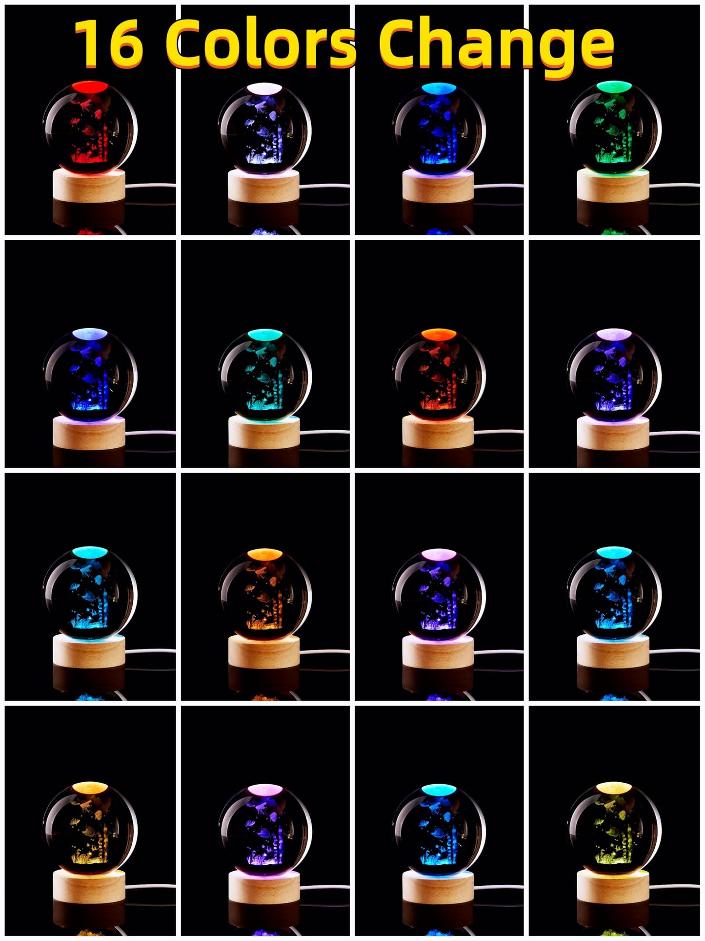 Conalisk 3D Underwater World Crystal Ball Lamp,Lifelike LED Fish Crystal Night Light,16 Colors Changing Light,Dimmable Remote Control,Desk Ocean Lamp (N)
