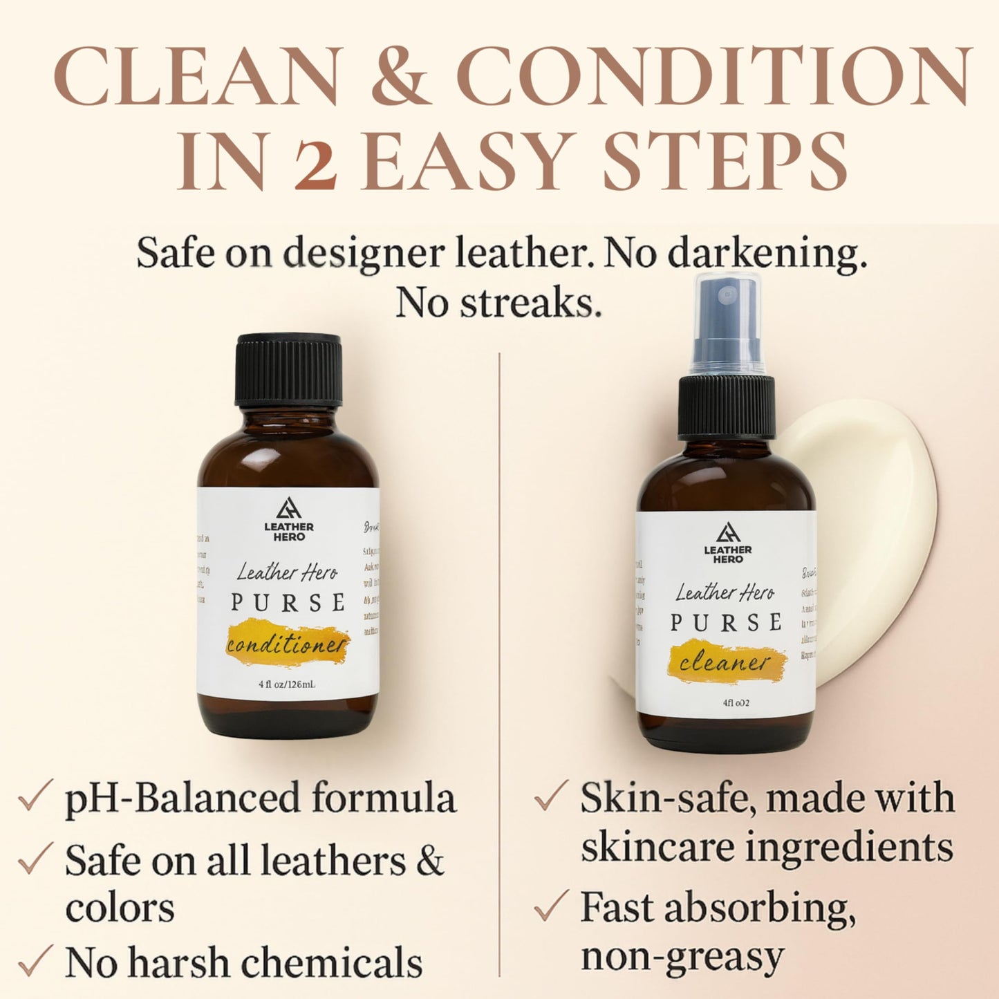 Leather Purse Cleaner & Conditioner Kit – 4pc Set with 4oz Cleaner, 4oz Conditioner, Microfiber Cloth & Applicator Sponge – Leather Bag & Handbag Care for Luxury Purses & Designer Bags