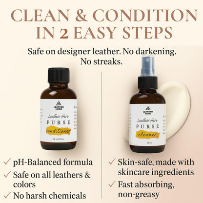 Leather Purse Cleaner & Conditioner Kit – 4pc Set with 4oz Cleaner, 4oz Conditioner, Microfiber Cloth & Applicator Sponge – Leather Bag & Handbag Care for Luxury Purses & Designer Bags