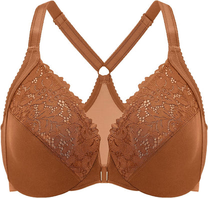 DELIMIRA Women's Front Closure Plus Size Full Coverage Lace Underwire Racerback Bra