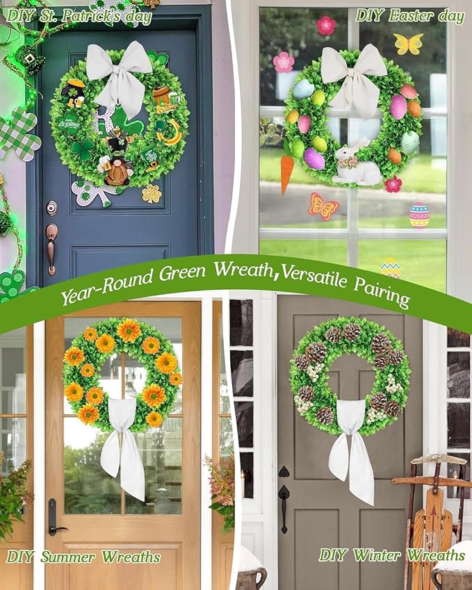 20 inch Artificial Boxwood Wreath for Front Door, Greenery Spring Summer Wreath for All Seasons with Sash，St Patrick's Day Decoration, Farmhouse, Garden, Wedding, Indoor & Outdoor