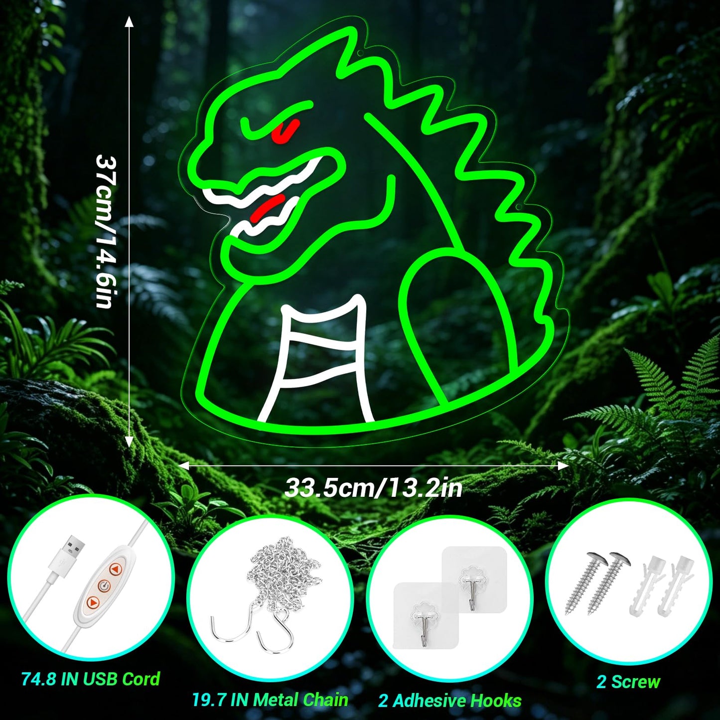 Monster Neon Sign Lights for Wall Decor, Dinosaur LED Sign for Room and Man Cave Decor, Dimmable Powered LED Signs for Boys Bedroom, Party, Birthday, Christmas Gift