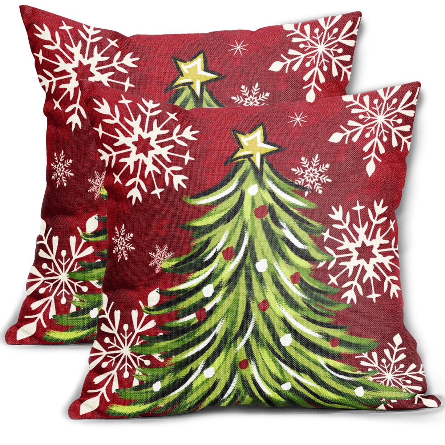 Sivirary Christmas Pillow Covers 18x18 Inch Set of 2 Dark Red Green Xmas Tree Snowflake Holiday Decorative Winter Throw Pillowcases Outdoor Seasonal Farmhouse Cushion Cases Decor for Sofa Couch Bed