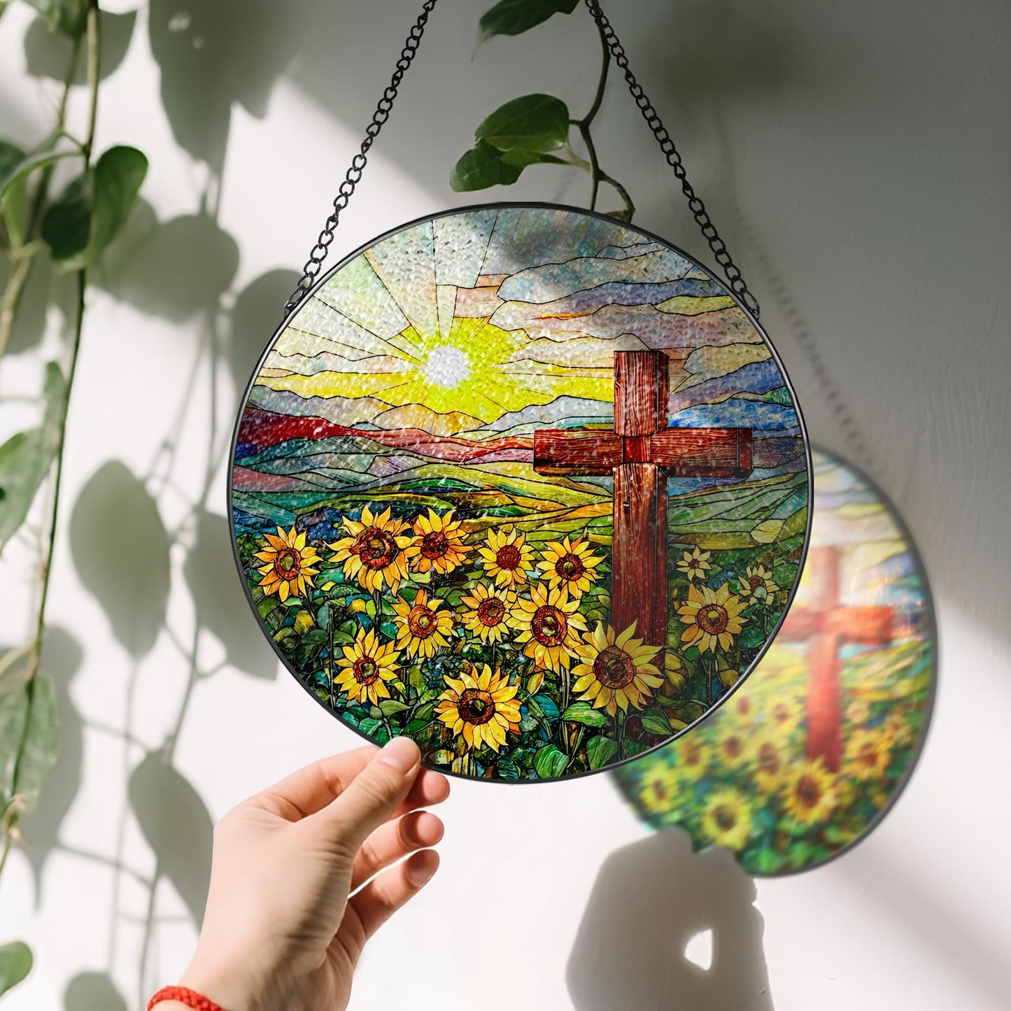 Cross Stained Glass Sun Catcher, Stained Glass Window Hanging, 8 Inch Suncatchers for Windows, Window Hanging Ornament, Easter Faith Home Decor, Cross Gifts, Gift for Religious, Christian Gifts