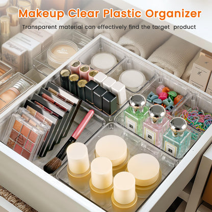 Criusia Drawer Organizer, 10 Pack Large Clear Plast Set, 3 Size Versatile Bathroom and Vanity Organizer Trays, Storage Bins for Makeup, Bedroom, Kitchen Utensils