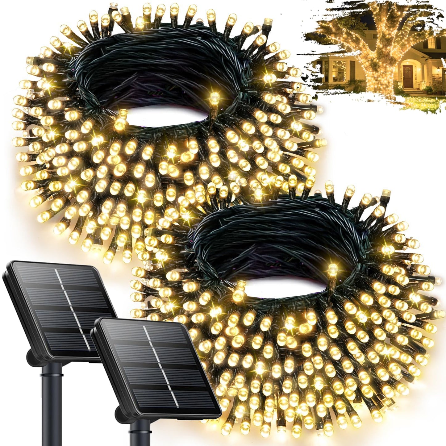 2Pack 240LED Solar String Lights Outdoor Waterproof | Solar Christmas Lights with 8 Modes & Memory, Auto On/Off Solar String Lights for Outside Xmas Tree Garden Yard Patio Wedding Decor (Warm White)