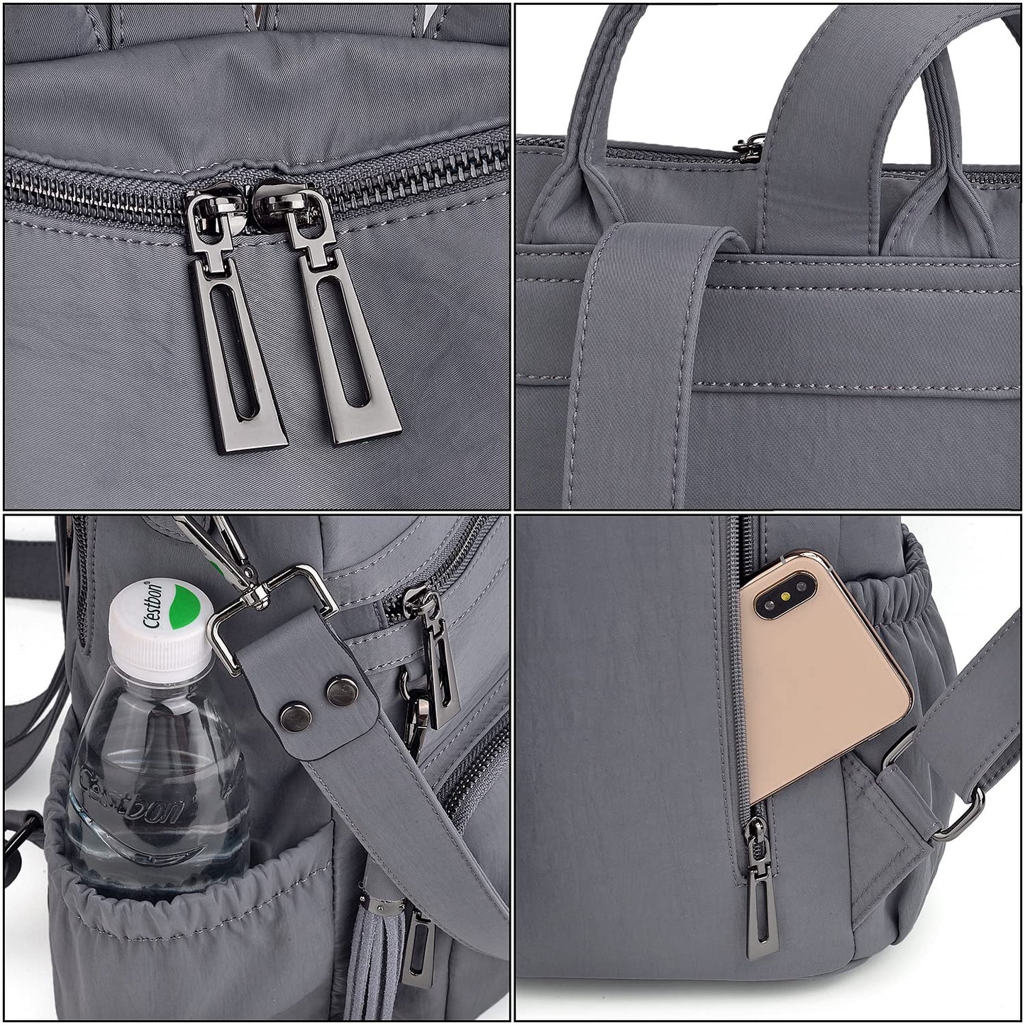 UTO Women Backpack Purse Nylon Fabric Ladies Fashion Designer Rucksack Convertible Travel Shoulder Bag with Tassel Grey