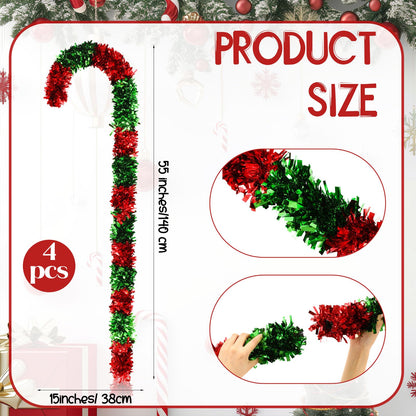 Vinsot 4 Pack Christmas Giant Candy Cane Decorations 15 x 55 Inch Red Green Tinsel Giant Candy Cane Decoration Sticks Christmas Hanging Ornaments for Xmas DIY Indoor Outdoor Party Supplies