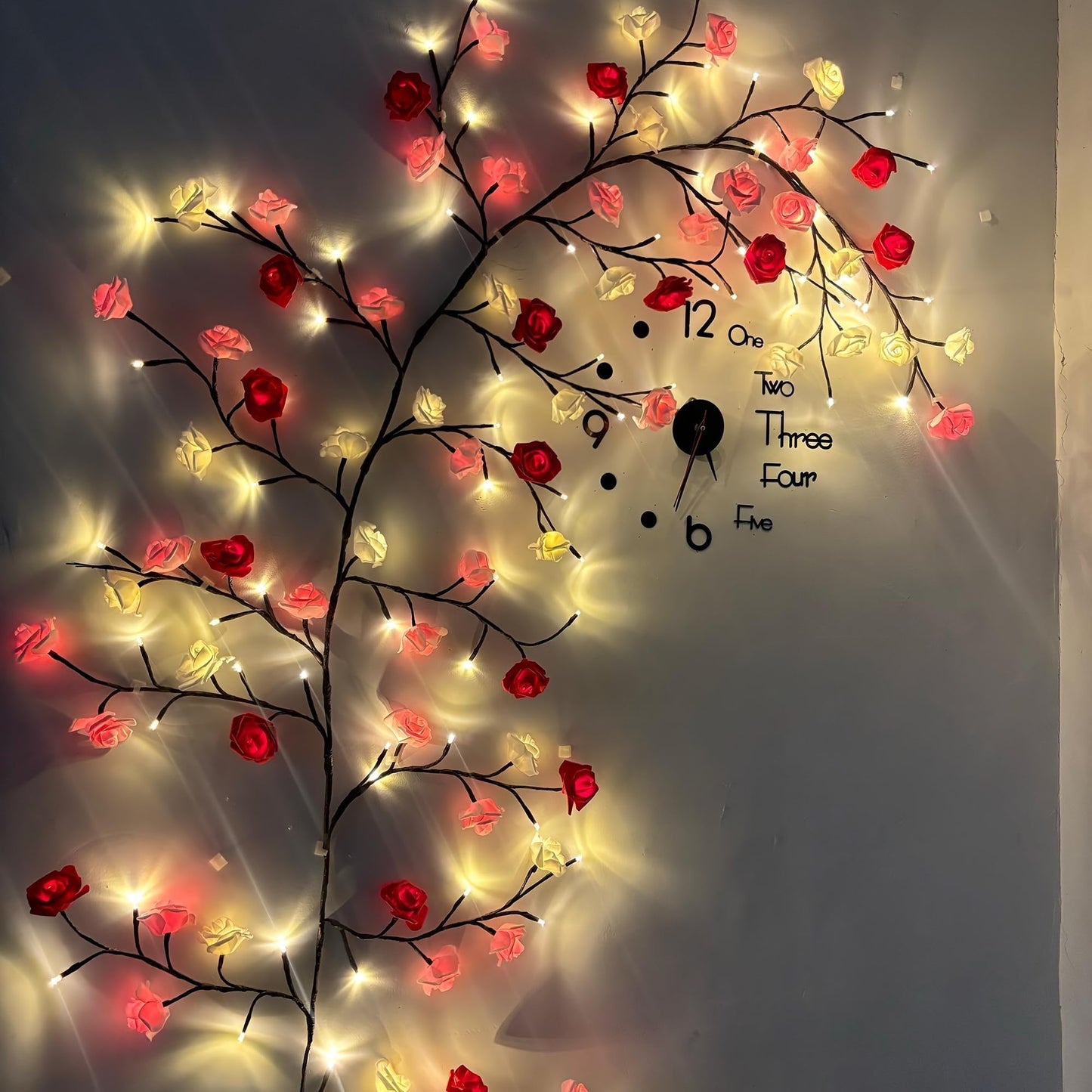 BomKra Rose LED Tree Branch Lights for Wall,Rose Blossom Willow Vine Branch Room Decor Gift,Flexible DIY Design,with 144 LED Lights and Remote,8 Lighting Modes,for Bedroom and Wall Decor (90inch)