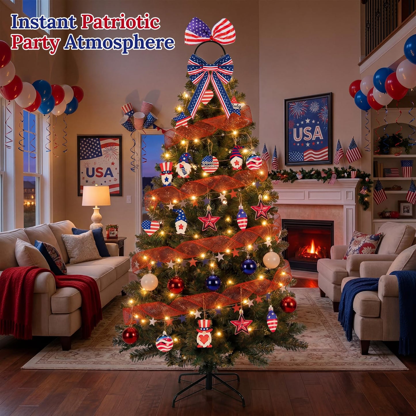 4th of July Christmas Tree Decorations Set with LED Light - Patriotic Red White and Blue Hanging Ornaments, Star Garland & Wreath Bow Tree Topper for Independence National Memorial Day Party