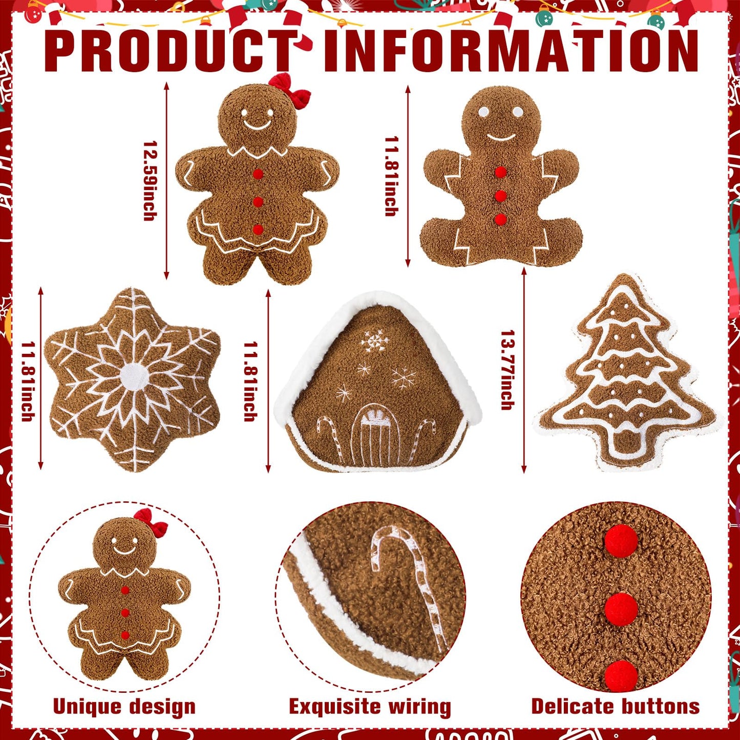 Geelin 5 Pcs Gingerbread Christmas Decorations Christmas Throw Pillows Stuffed Plush Gingerbread Man House Xmas Tree Snowflake Lumbar Pillows Cushion for Winter Holiday Bed Sofa Couch Outdoor Party