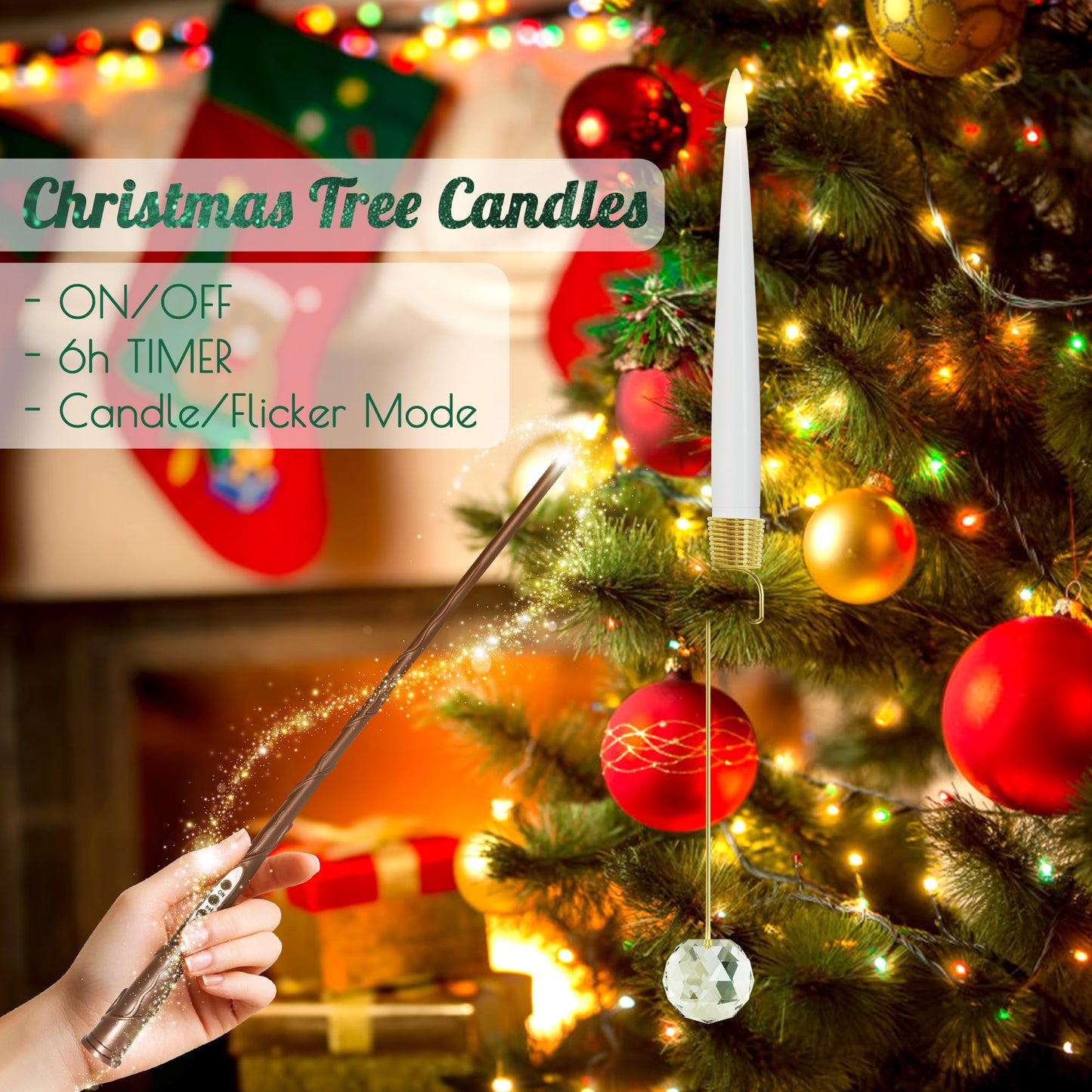 LUSHARBOR Flameless Candles for Christmas Tree, Magic Wand Christmas Tree Candles with Remote Battery Operated Fake Candles for Christmas Wedding, Set of 10