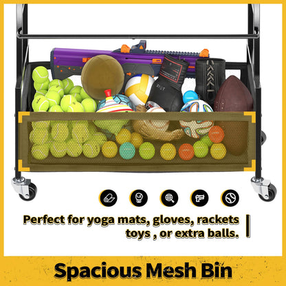 SOYEEZE Sports Equipment Organizer- Ball Storage for Garage,4 Tiers Outdoor Toy Storage,Soccer Racks,Basketball Shooting Training Stand Cart with Wheels and Hooks for Home-School and Gym Use