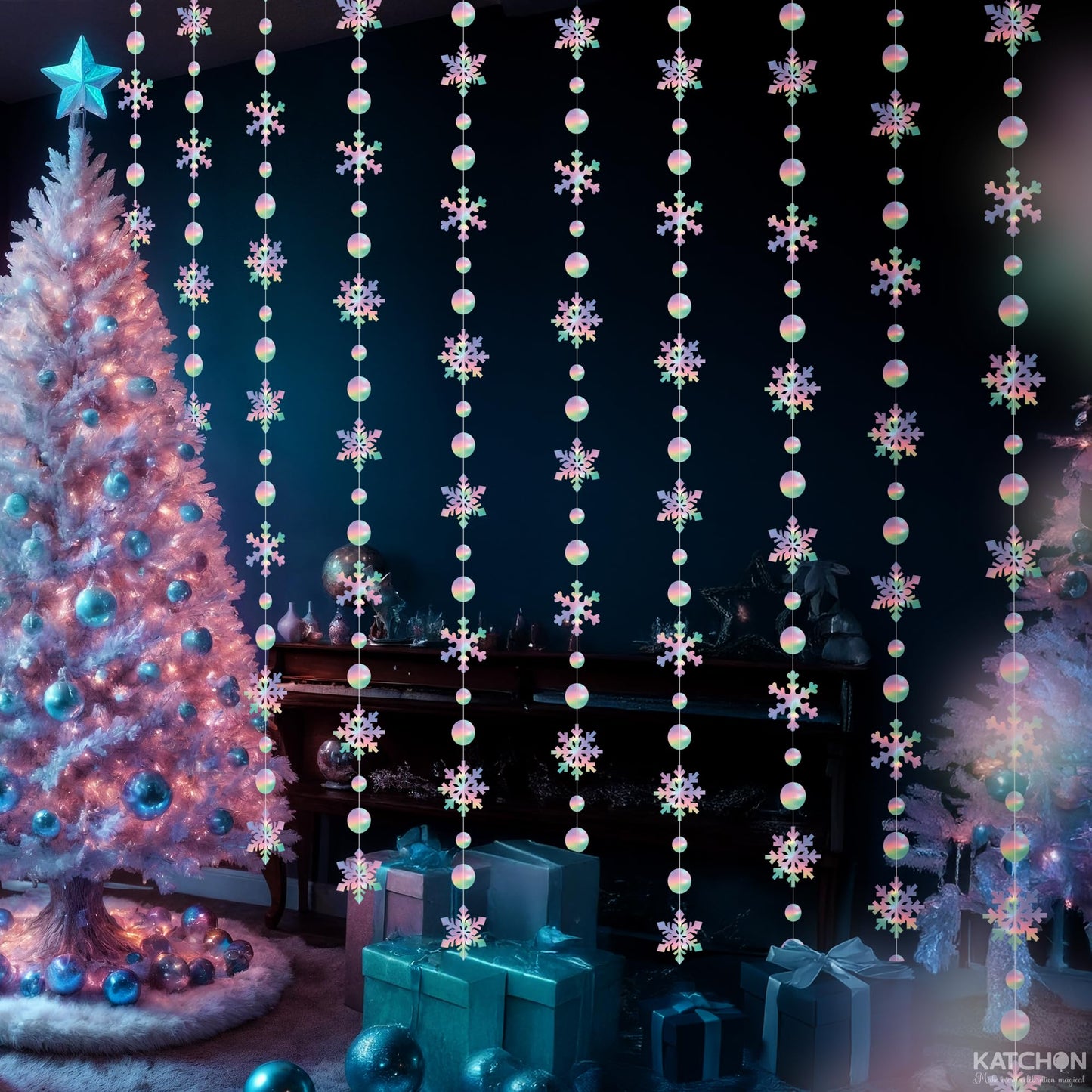 KatchOn, 6.5 FT Christmas Garland Decorations- 8 String, No DIY | Snowflake Garland | Hanging Christmas Decorations Indoor | Snowflakes Streamers for Iridescent Party Supplies, Winter Decor