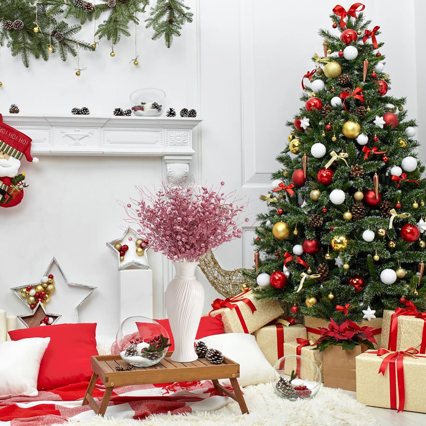 24 Pack Christmas Tree Decorations Picks and Sprays, Christmas Ornaments Artificial Glitter Berry Stems Branches Picks Twigs for Xmas Tree Vase Filler Home Holiday Decor (Pink-A)