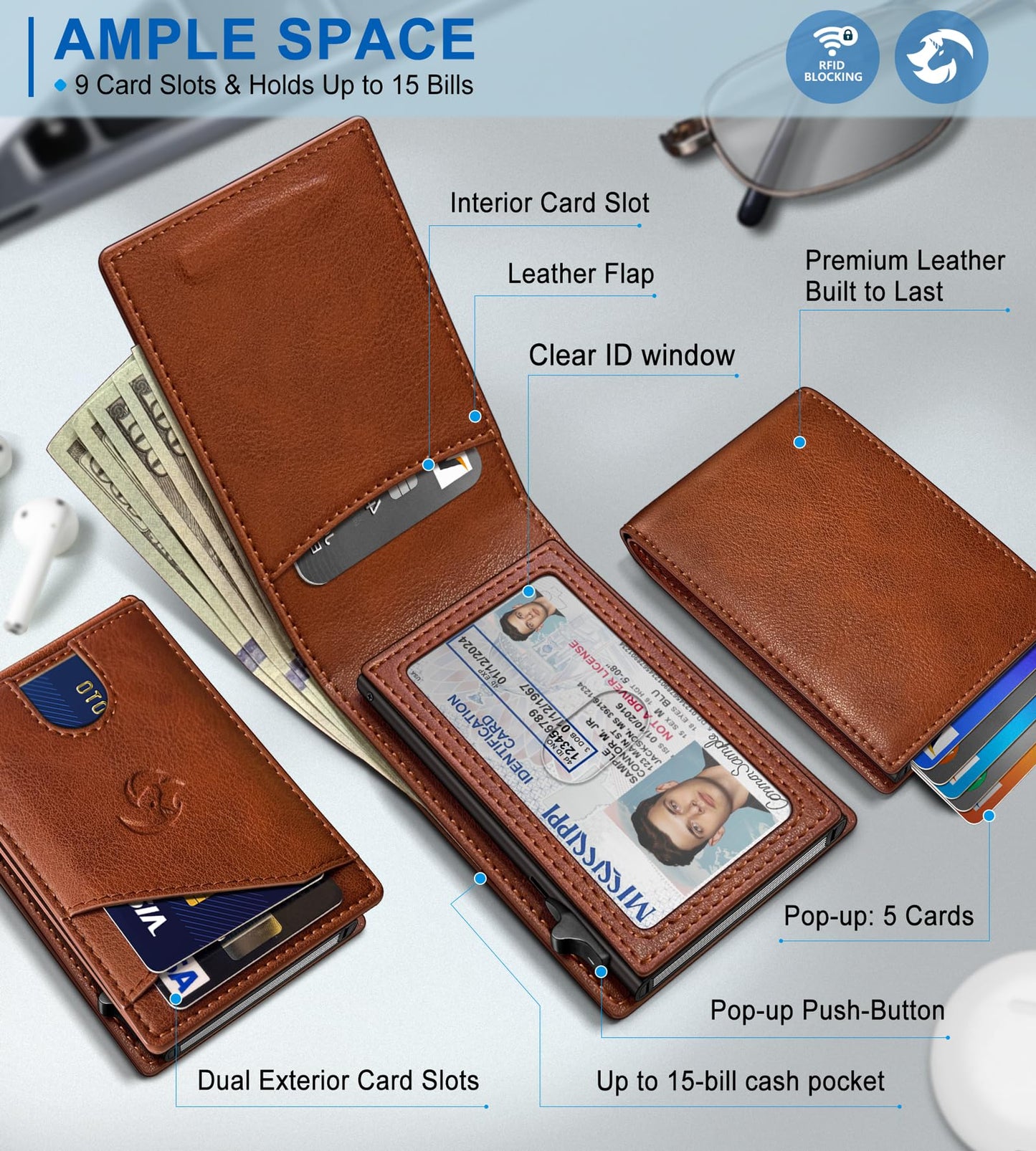 Housmai Wallet for Men, Slim Pop Up Card Holder with RFID Blocking, Minimalist Bifold Wallet with 9 Card Slots, ID Window and Cash Pocket, Metal Flip Case with Magnetic Closure, Gift Box