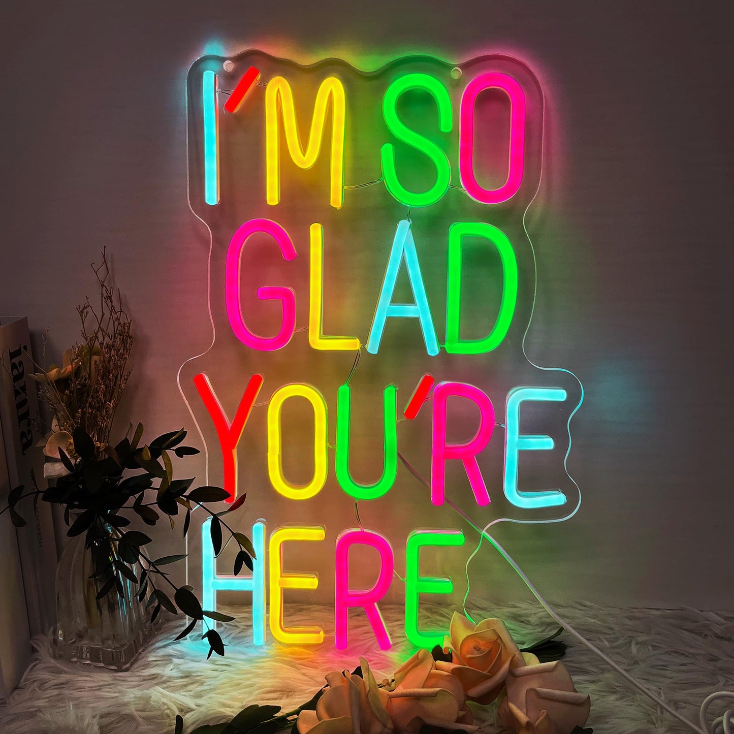 I’m So Glad You Are Here Neon Sign, Dimmable LED Light Up Neon Sign for Girls Bedroom Club Wedding Bachelorette Valentine's Day Party Wall Decor Birthday Christmas Gift for Daughter Teen Girls Friends (I’m So Glad You Are Here)