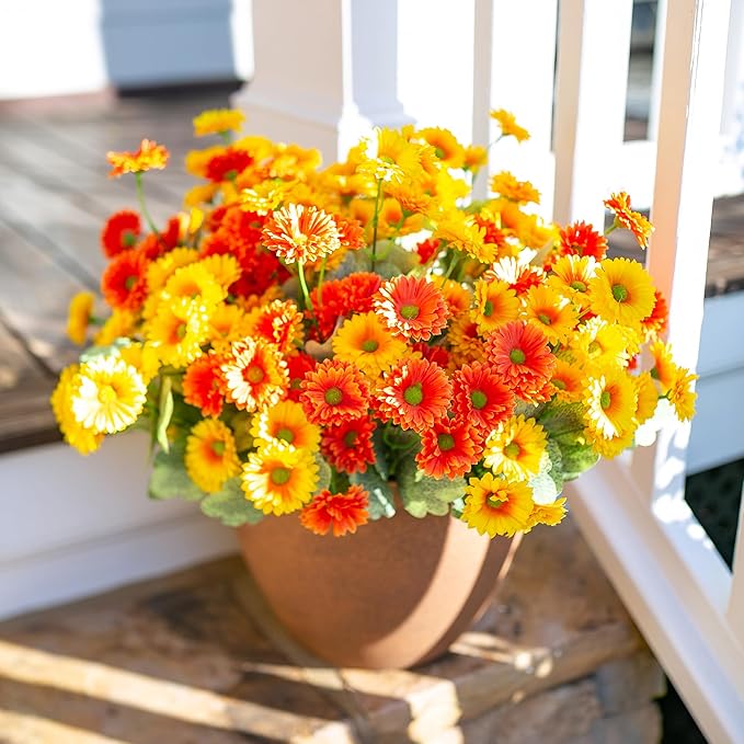 HyeFlora Dahlia Artificial Fall Flowers for Outdoors Autumn Decoration, 6 Bundles Fake Mums Faux Flowers Plants Realistic UV Resistant Silk Flowers for Outside Planter Yard Garden Home, Orange Yellow
