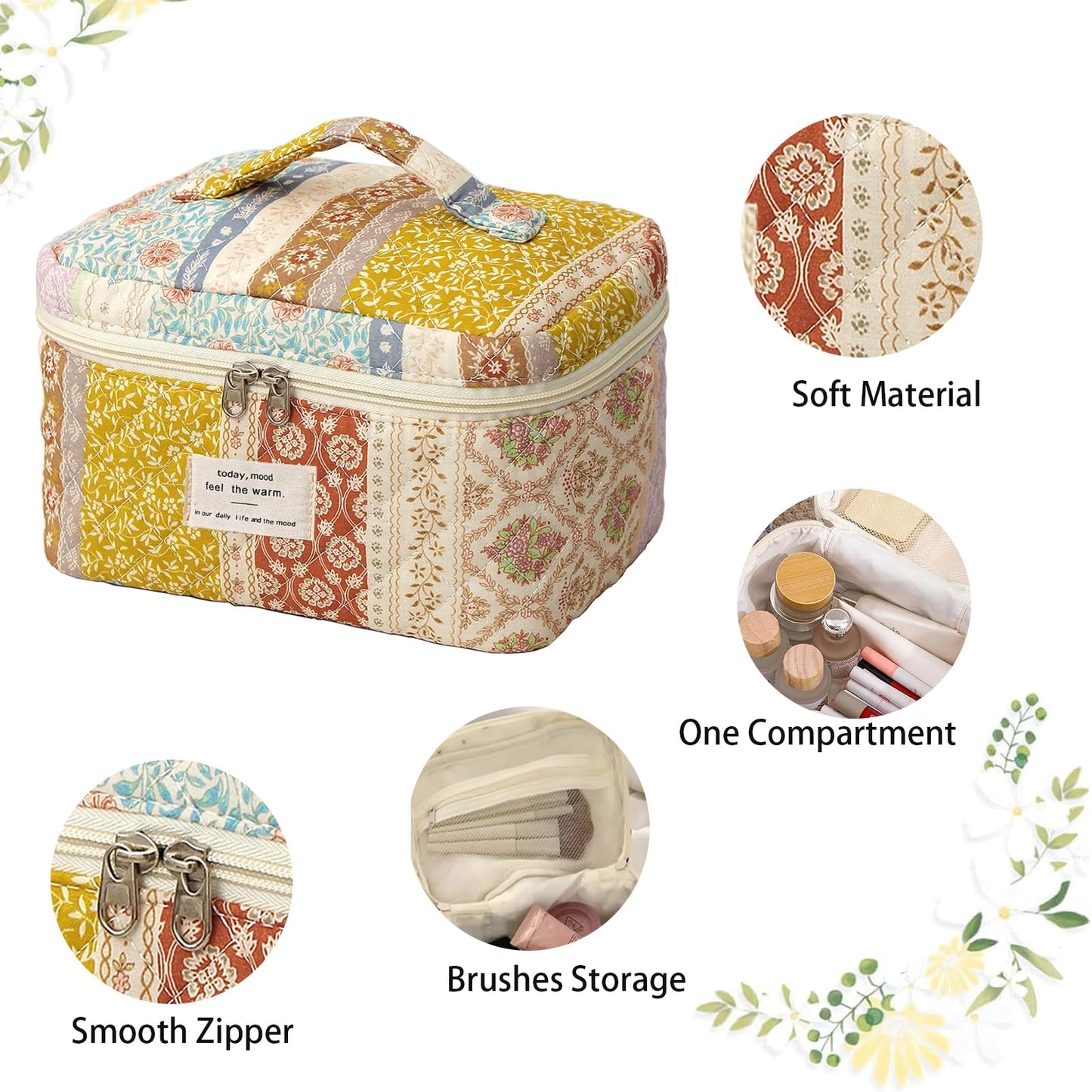 AMULOKRU Large Makeup Bag, Cute Cosmetic Bags for Women, Floral Quilted Makeup Bag, Coquette Aesthetic Toiletry Bag,Travel Makeup Organizer Bags