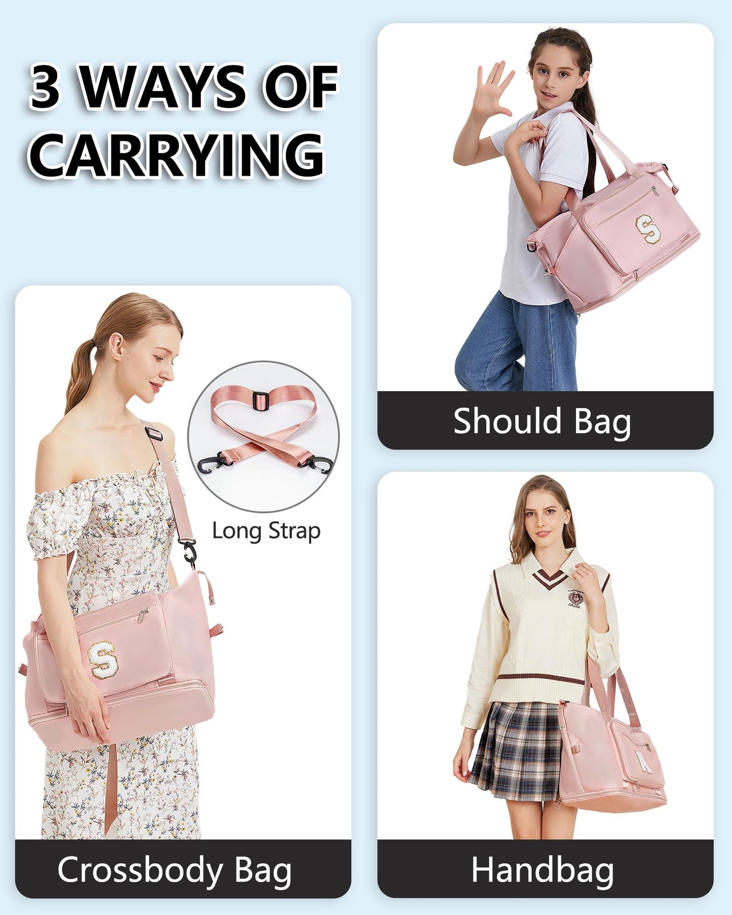 Teenage Girl Gifts, Weekender Bags for Women Travel, Initial Large Overnight Weekend Duffel Bags for Traveling with Shoe Compartment,GYM Duffle Bag for Kids Preteen Tween-Pink M