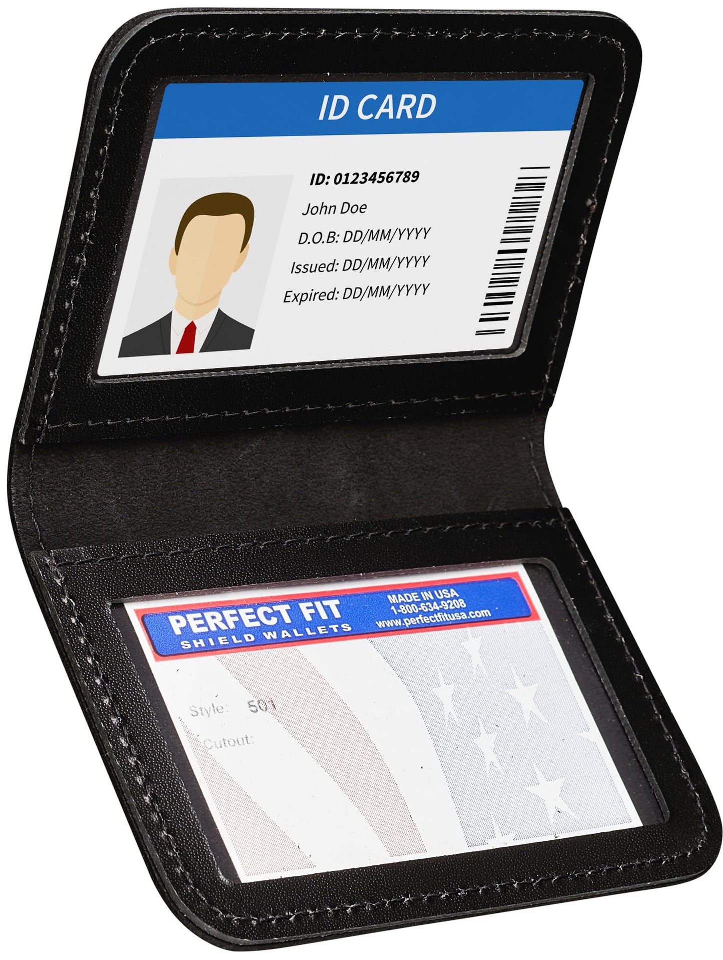 Perfect Fit Shield Wallets 2 ID Leather License Holder Bifold Double I.D. Credit Card Gun Permit Standard Card Size Slim Wallet (Black)