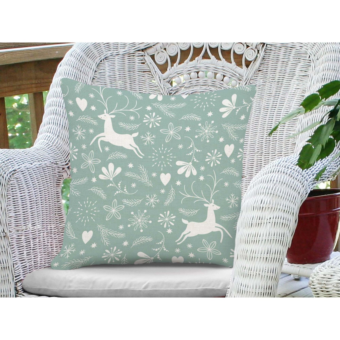 Jiaopenyou Throw Pillow Cover 20x20 Inch,Happy Christmas Tree Antlers Winter Snowflakes Throw Pillow Case,Home Decor Cushion Covers for Sofa Living Room Couch Bed