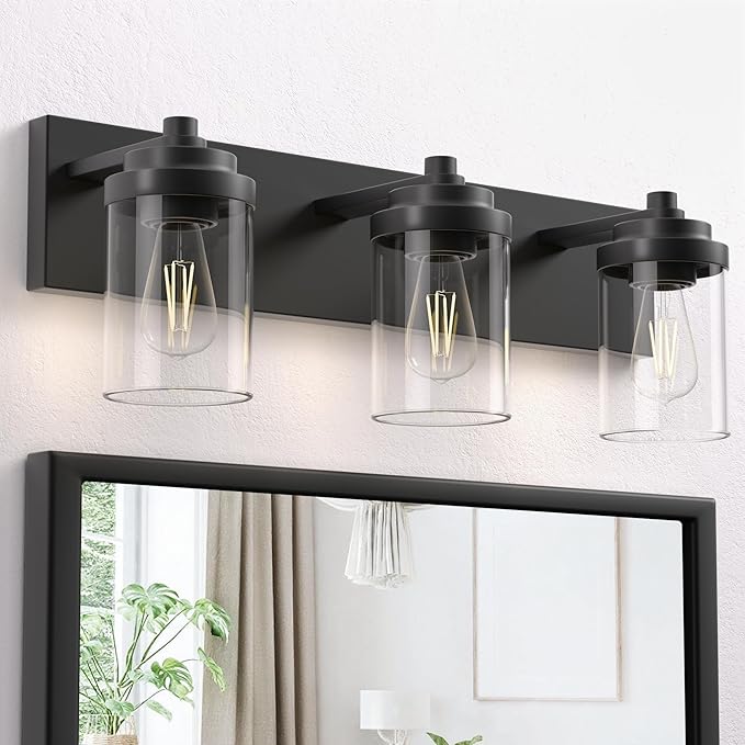 Bathroom Vanity Light, 3-Light Modern Black Vanity Light Fixtures with Clear Glass Shade, 22in Matte Black Bathroom Light Fixtures Over Mirror, Rustic Restroom Lighting Fixtures