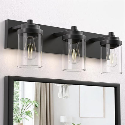 Bathroom Vanity Light, 3-Light Modern Black Vanity Light Fixtures with Clear Glass Shade, 22in Matte Black Bathroom Light Fixtures Over Mirror, Rustic Restroom Lighting Fixtures