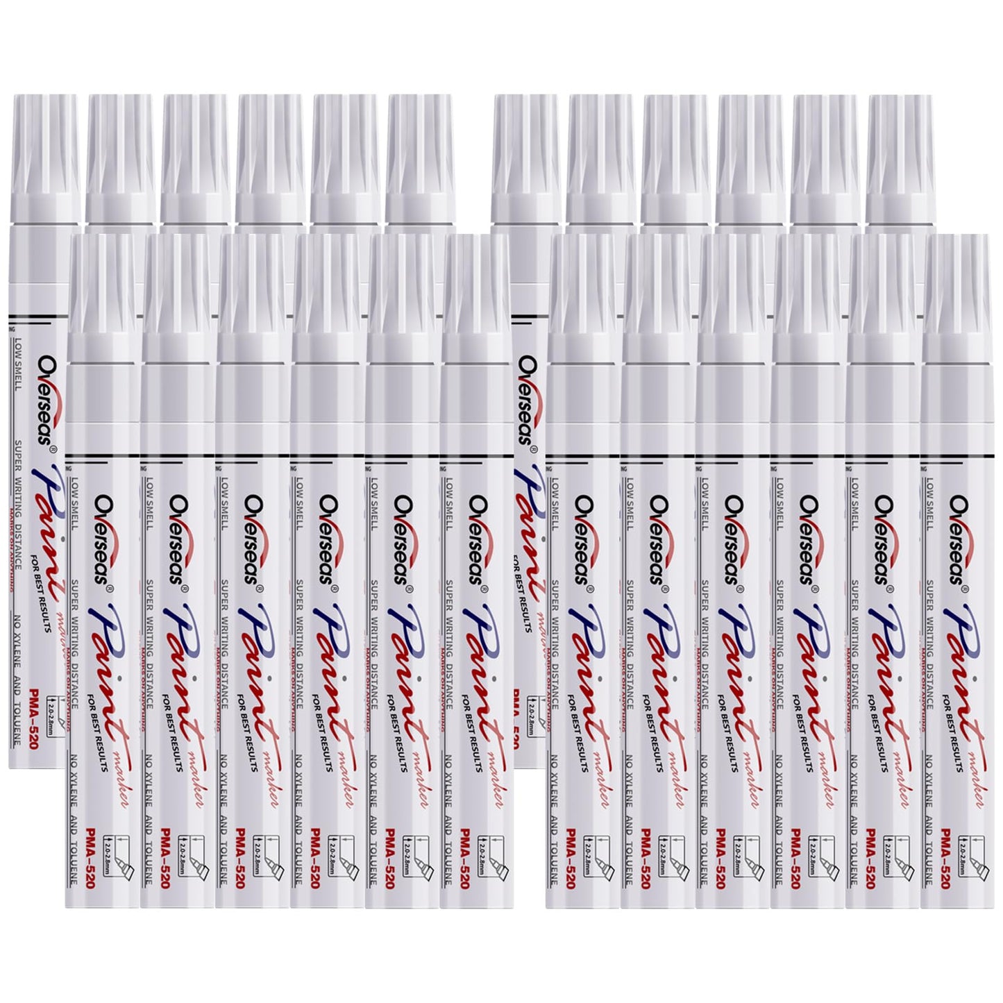 Overseas White Paint Pens Permanent Markers 24 Pcs, Oil Based Paint Markers Set, Quick Drying, Waterproof, Medium Tip Marker Pens for Metal, Rock, Wood, Plastic, Canvas, Glass, Stone, Rubber, Paper