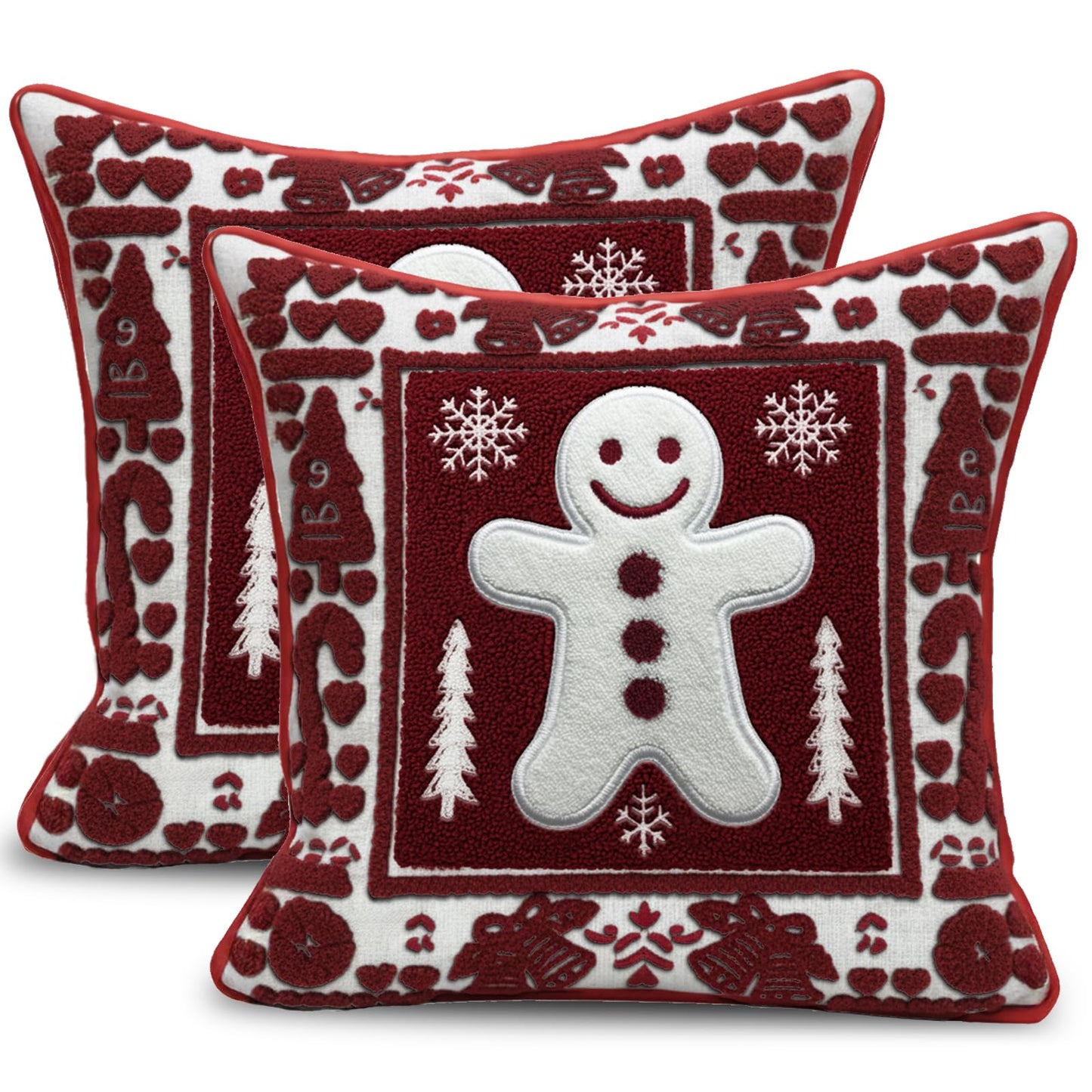 Christmas Throw Pillow Covers 18x18 Set of 2, Embroidered Gingerbread Man Cushion Covers with Snowflake Christmas Tree, Red White Holiday Decorative Pillow Cases for Sofa Couch Living Room Home Decor