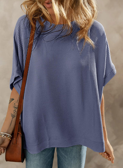 Dokotoo Womens Casual Spring Summer Shirts and Blouses for Women 2026 Off Shoulder T-Shirts Short Sleeve Waffle Knit Loose Tunic Tops Side Split Navy Blue Large