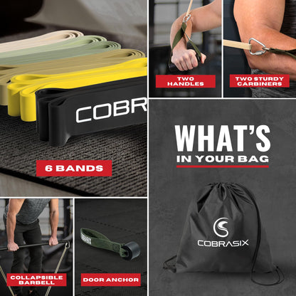 COBRASIX Set of 6 Resistance Bands with Handles, Door Anchor & Bar | Long Resistance Bands for Working Out & Strength Training | Exercise Bands for Home Gym | Pull Up Assistance Bands | Men and Women