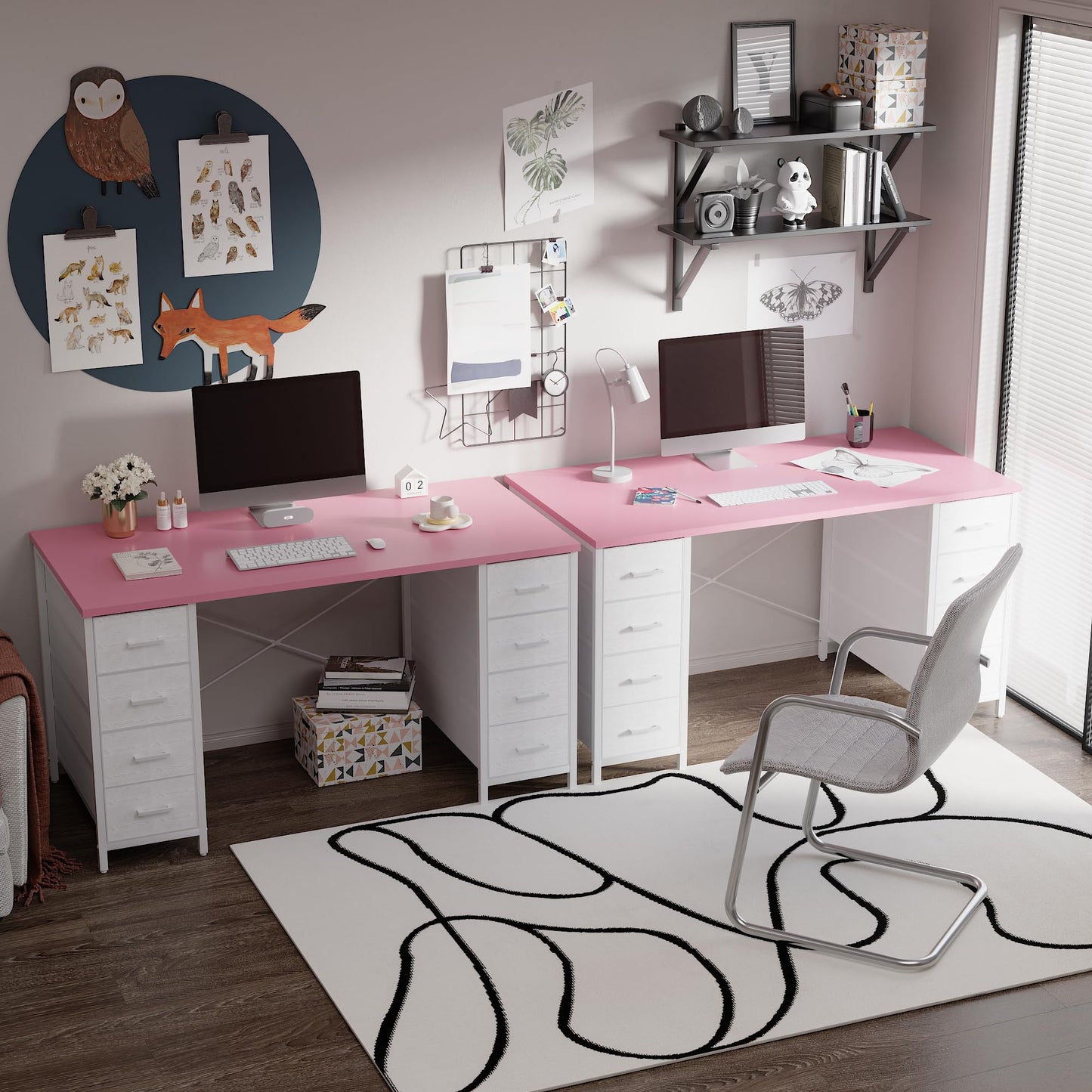 Pamray 47 Inch Computer Desk with 8 Fabric Drawers PC Gaming Desk Home Office Study Work Writing Table for Bedroom Pink