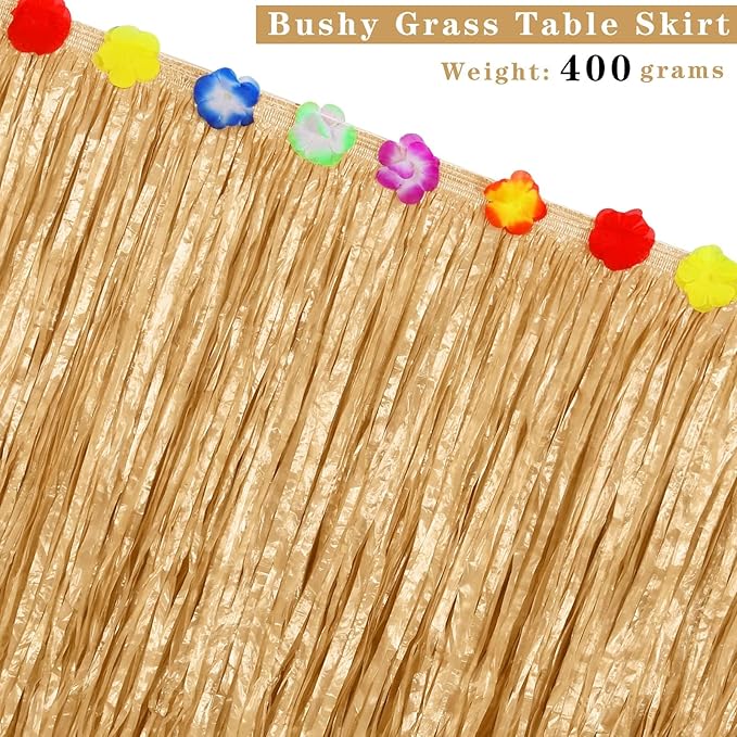 Aodaer 4 Pack Thickened Grass Table Skirt Natural with Hibiscus Flowers 400g Hawaiian Luau Tropical Party Decor Fringe Party Decoration for Costume Tiki Tropical Hawaii Moana Birthday, Straw Yellow