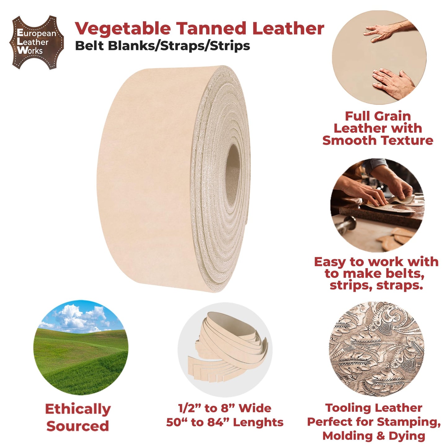 ELW Leather Strap, 11-12 Oz, 1.5 inch Wide x 50", Cowhide Veg Tan Leather Belt Blank, Leather Strips, Tooling Leather, Tan Straps for Crafts, Belt Making & Crafting Blank Hide