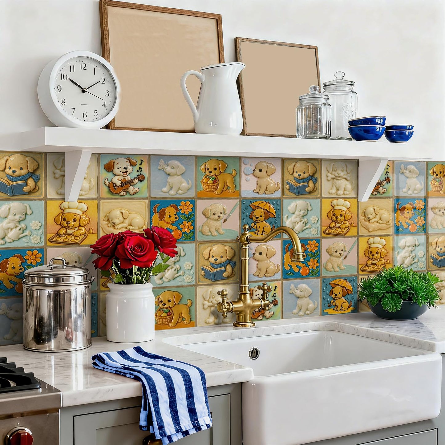 Removable Cute 3D backsplash Tiles for Kitchen Bathroom RV ladundry wall Decor,Decorative Lovely Tile Stickers Stick on backsplash with Puppy Picture