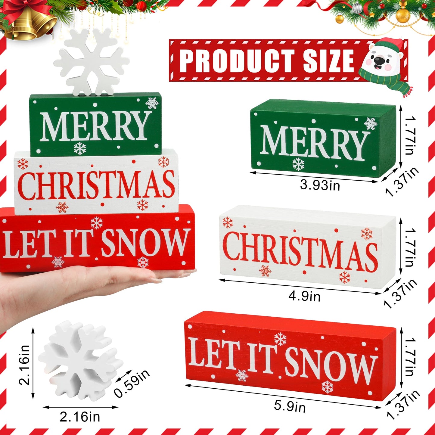 4 Pcs Merry Christmas Wooden Tabletop Decor Let It Snow Table Centerpiece Snowflake Table Sign Xmas Tiered Tray Decor Red Green Wood Block for Xmas Holiday Home Office Kitchen Desk Shelf Decors