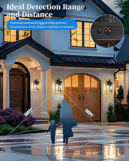 17'' Solar Porch Lights Outdoor 2 Packs, Waterproof Motion Lights for Outside, Black Dusk to Dawn Outdoor Lighting Modern Wall Sconce Lantern, Exterior Lighting Fixtures for House Patio Garage
