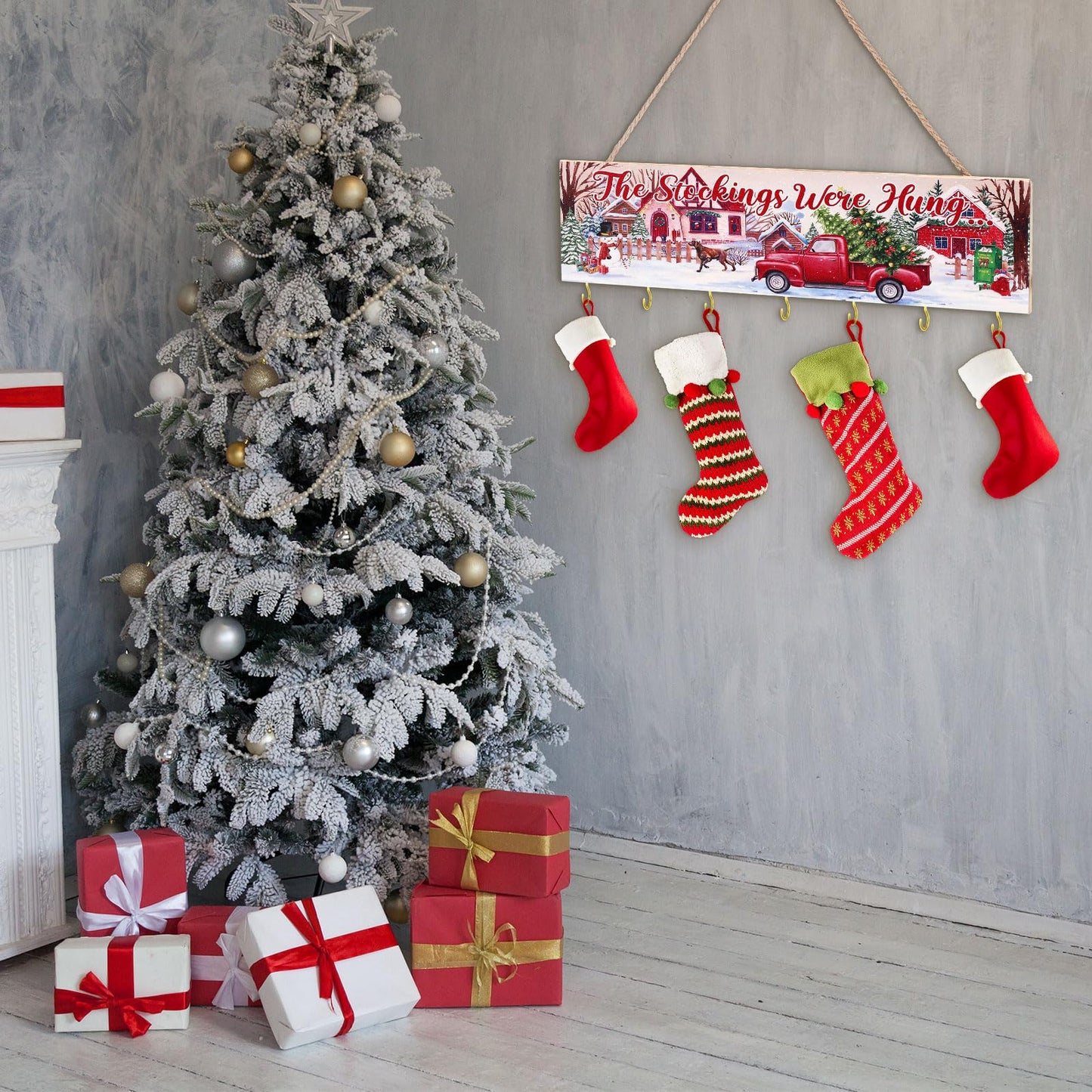 Maitys Christmas Stocking Holder with 7 Hangers - Wooden Organizer Sign 'The Stockings were Hung' - Xmas Mantel Snowmen Wall Mount Hanging Hook for Mantel (Truck)