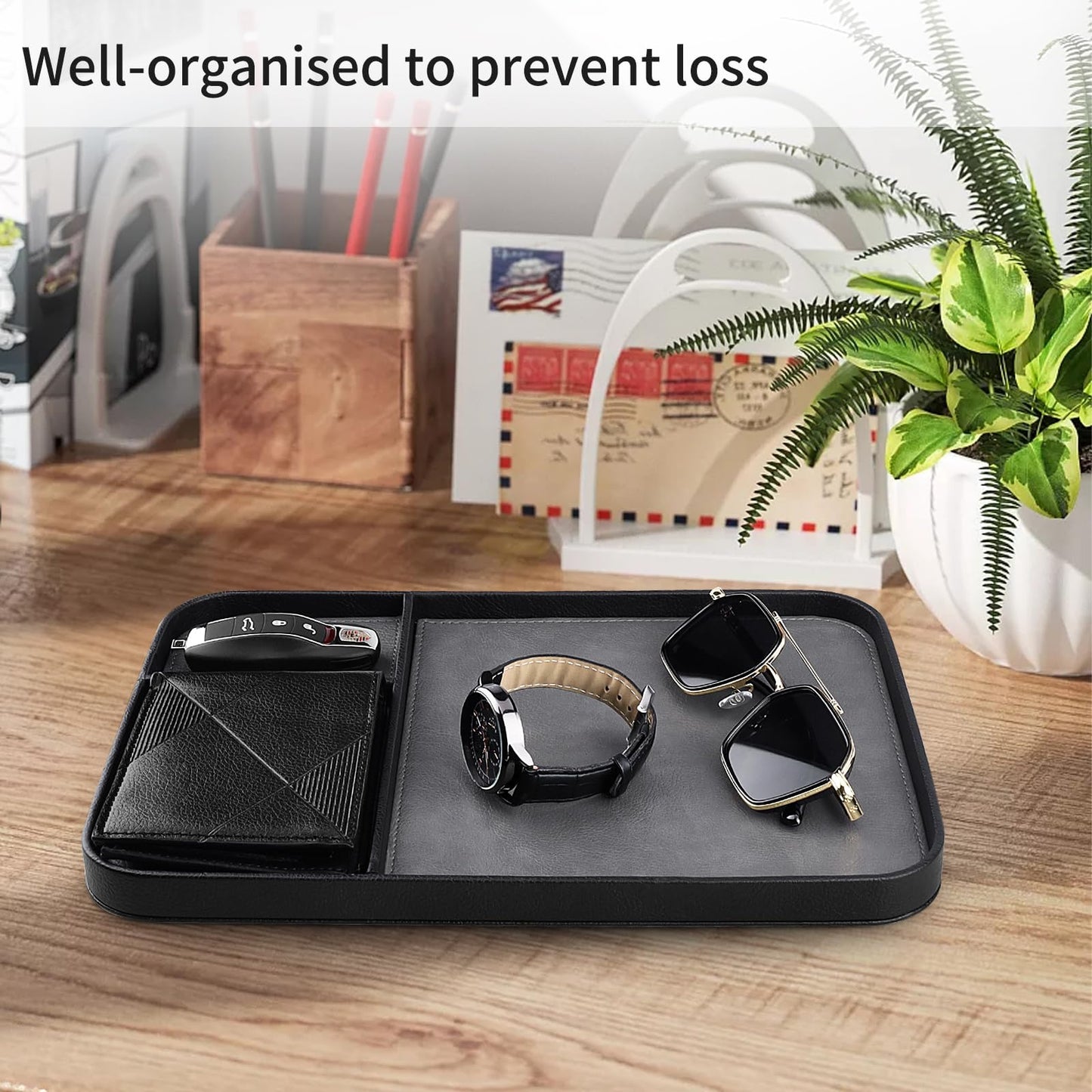 SENEN Leather Tray, Stylish and Organized Multifunctional Tray, for Table Entryway, Premium PU Leather, Catchall Tray for Keys, Watch, Wallet, Jewelry, and More (Black Frame)