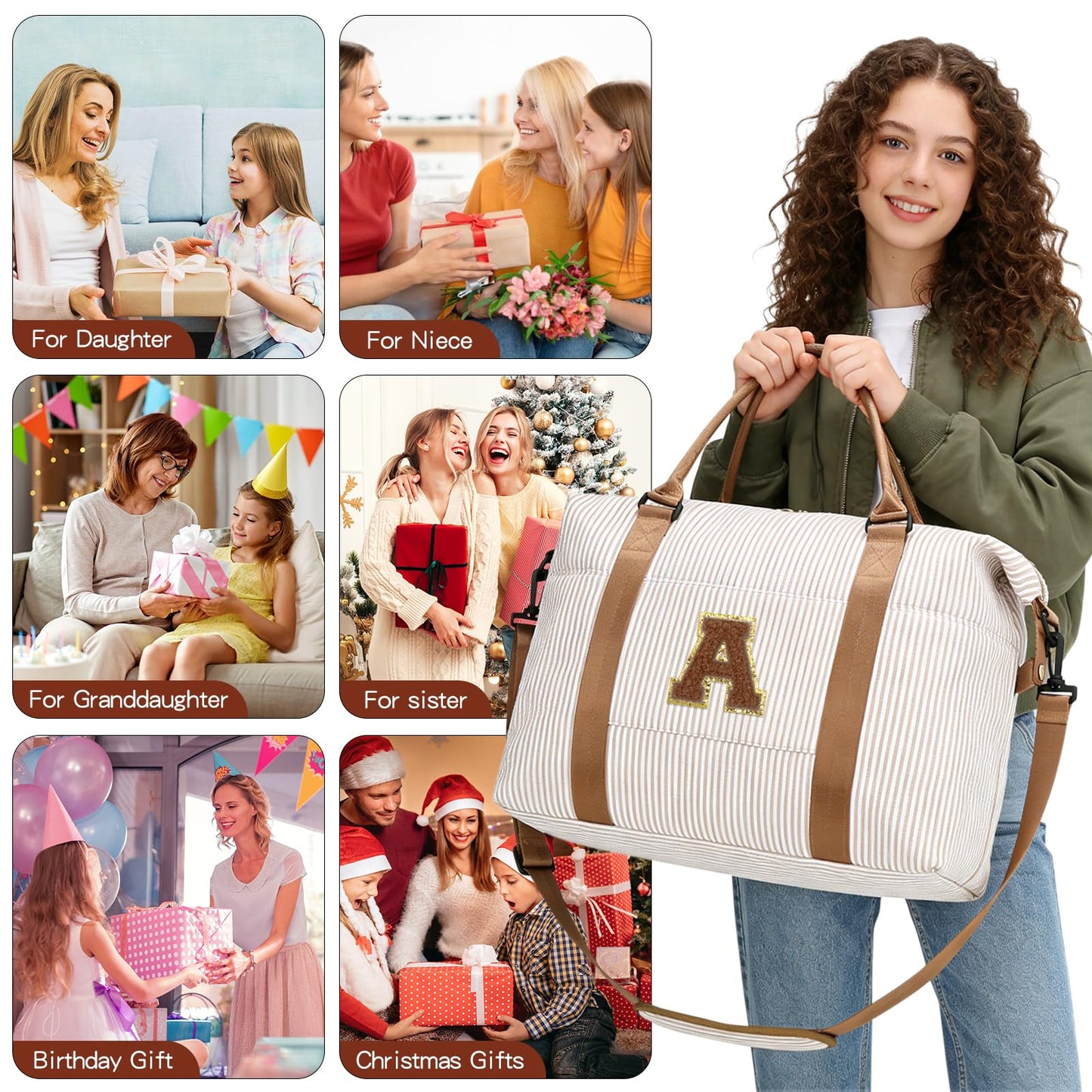 Birthday Gifts for Teen Girl, Personalized Dance Travel Duffel Bag for Girls Women, Cute Initial Overnight Weekender Gym Bag with Makeup Pouch（Khaki,A)