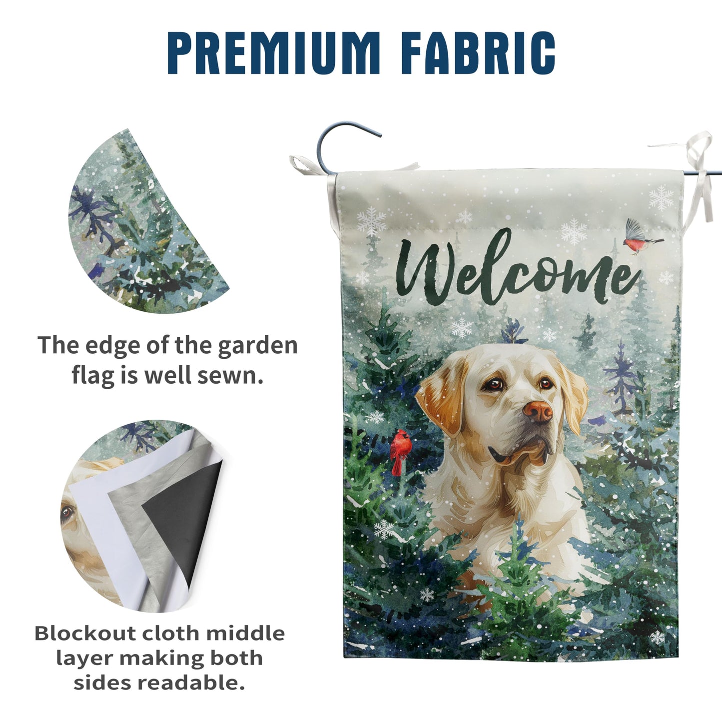 Welcome Winter Garden Flags White Lab Garden Flag Cardinal Birds on Snowy Pine Tree Flag Labrador Dog Yard Flags for Outside 12x18 Double Sided Christmas Decorative Lawn Flags