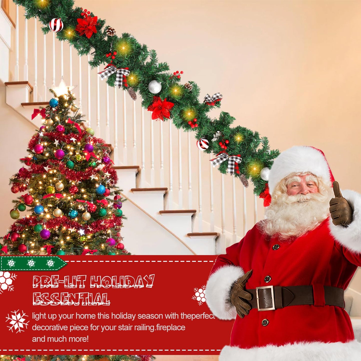 Christmas Garland with Lights,Pre-lit 9ft Christmas Decorations with 50 LED Lights,with Waterproof Battery Box,Indoor&Outdoor Use,for Stairs Fireplace Front Door Porch Home (Battery NOT Include)