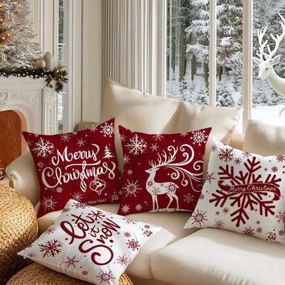 Artmag Merry Christmas Throw Pillow Covers 16x16 inch Snowflakes Let it Snow Moose Winter Holiday Red Cushion Case for Coach Sofa Decorations Set of 4
