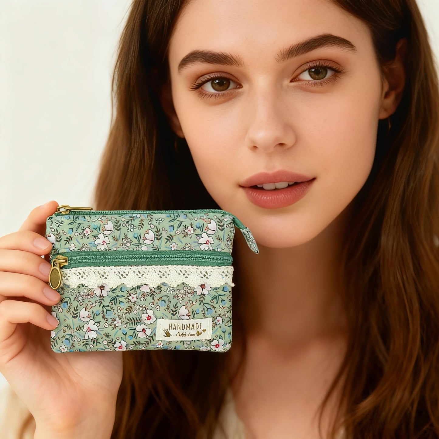 GUXL Women Small Zipper Coin Purse, Handmade Fabric Flower Embroidered Change Pouch, Cotton Double Zipper Wallet