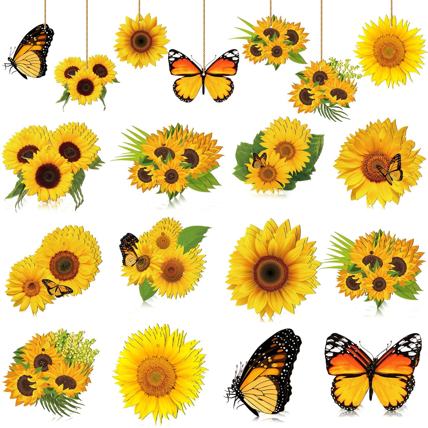 Qunclay 36 Pcs Sunflower Tree Decorations Summer Wooden Ornaments Spring Yellow Flower Butterfly Hanging Ornament Summer Sunflower Wood Pendant with Rope for Small Tree Home Party Decor
