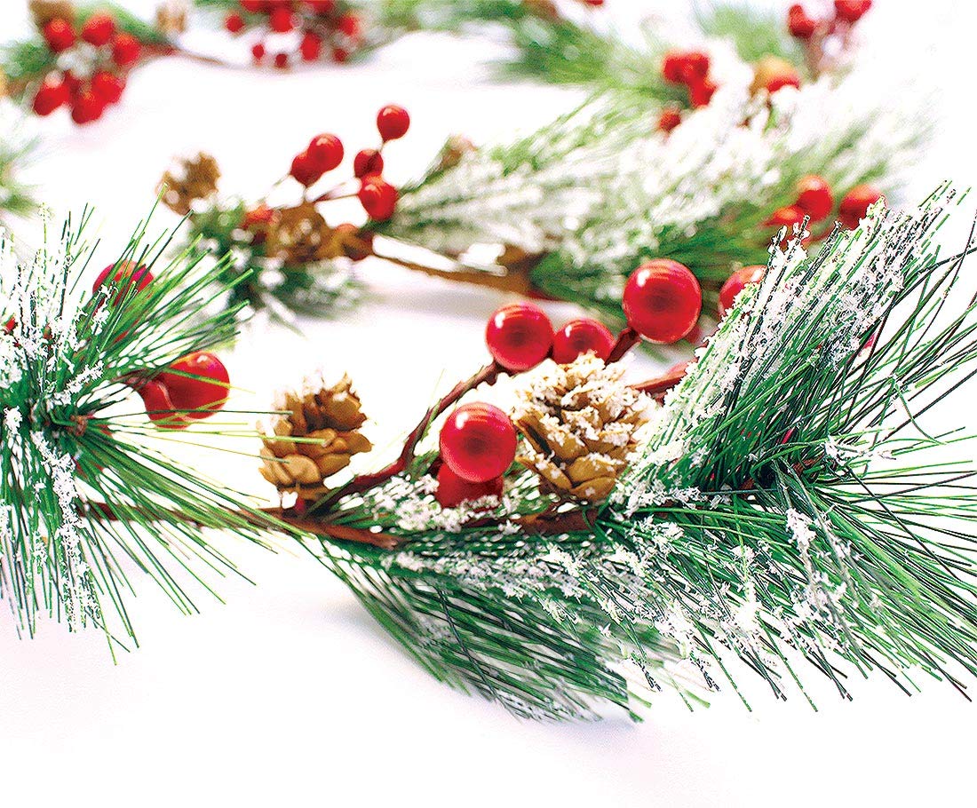 Christmas Garland Winter Red Berries Holiday Decoration Pine Cones, Evergreen Pine Needle – Unlit Berry Garlands Xmas Decor, Kitchen, Bar, Fireplace/Indoor/Outdoor Greenery with Snow 6 Ft Long (6ft)